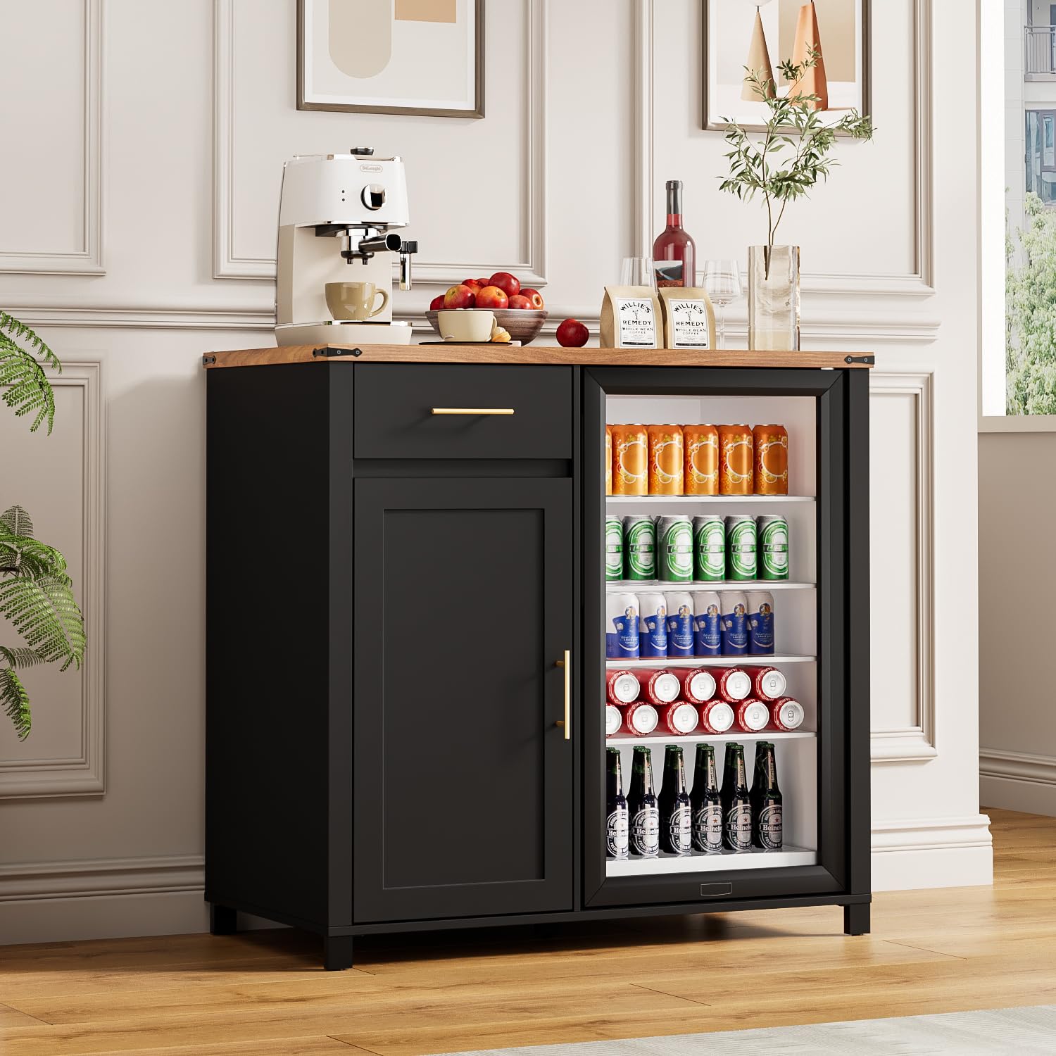 Home Bar Shelves - 39インチのコーヒーバーキャビネット（冷蔵庫スペース付き）、電源コンセントとUSBポート付き収納キャビネット、家庭用キッチン向け調整可能な棚、カスタマイズ可能