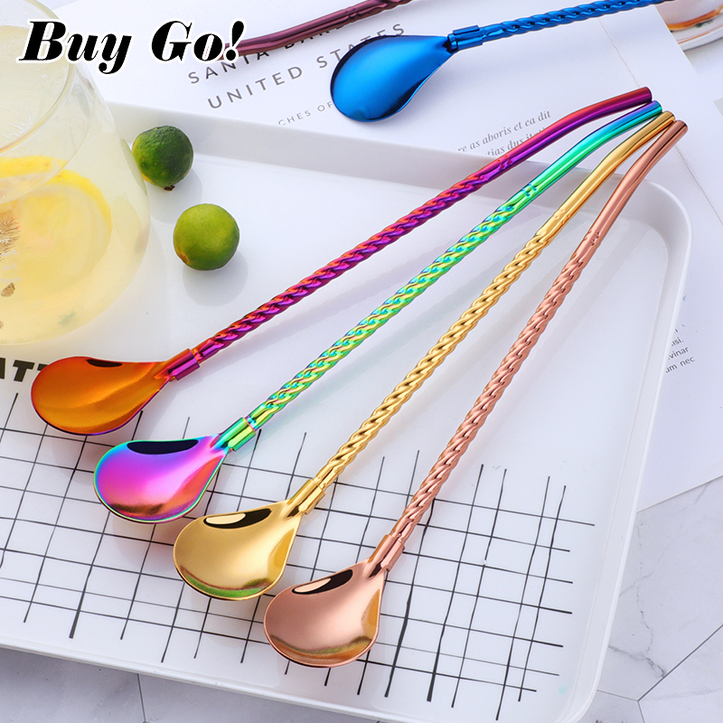 Bar Spoon Twisted - 1 pc のツイストわらスプーンポータブル金茶スクープ再利用可能な色のステンレス鋼ストローカクテルコーヒー攪拌スプーン