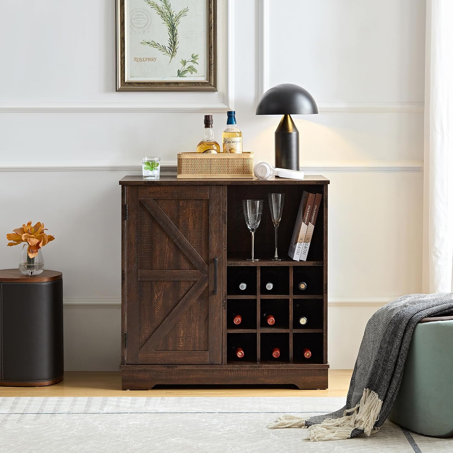 Home Bar Shelves - ファームハウスバーキャビネット ワインラック グラス収納、スライドドア ビュッフェ引き出し 調節可能な棚、31.5x15.75x31.5、カスタマイズ可能