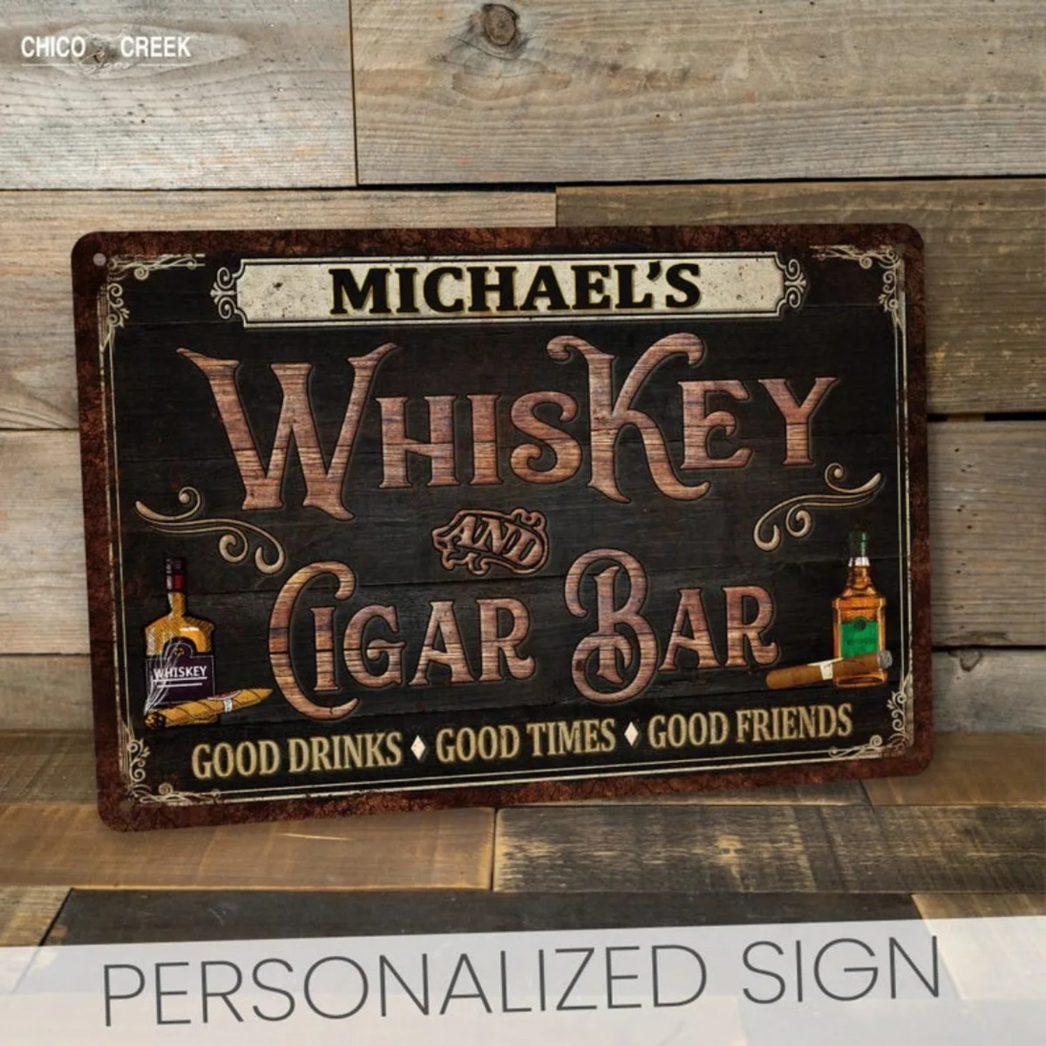 Home Bar Signs - カスタムパーソナライズされたヴィンテージウイスキー＆シガーバーのサイン、男の隠れ家ホームバーの壁飾り、お父さんへの父の日ギフトに最適（装飾品）