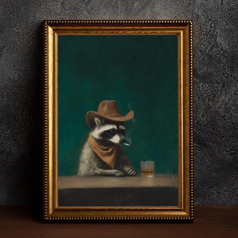 Home Bar Lounge - ヴィンテージ風面白い喫煙アライグマのカウボーイキャンバスウォールアート、フレームレスアニマルホームデコレーションポスター、ムーディーバーラウンジ装飾ギフト