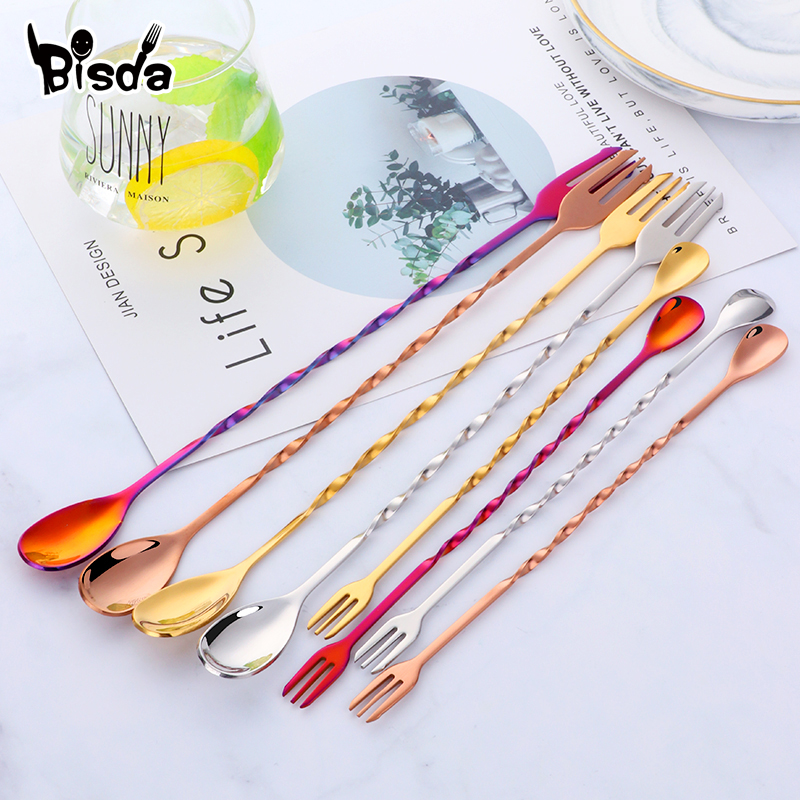 Bar Spoon Twisted - フォーク付きカクテルバースプーン、スウィズルステンレス鋼、長いツイストスプーン、フォーク攪拌、アイスワインツール、ファッション