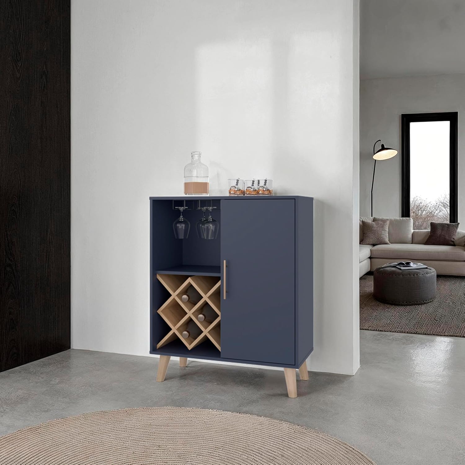 オークブルーバーキャビネット 4段棚 ドア付き引き出し ワイ - Home Bar Shelves のレビューと価格