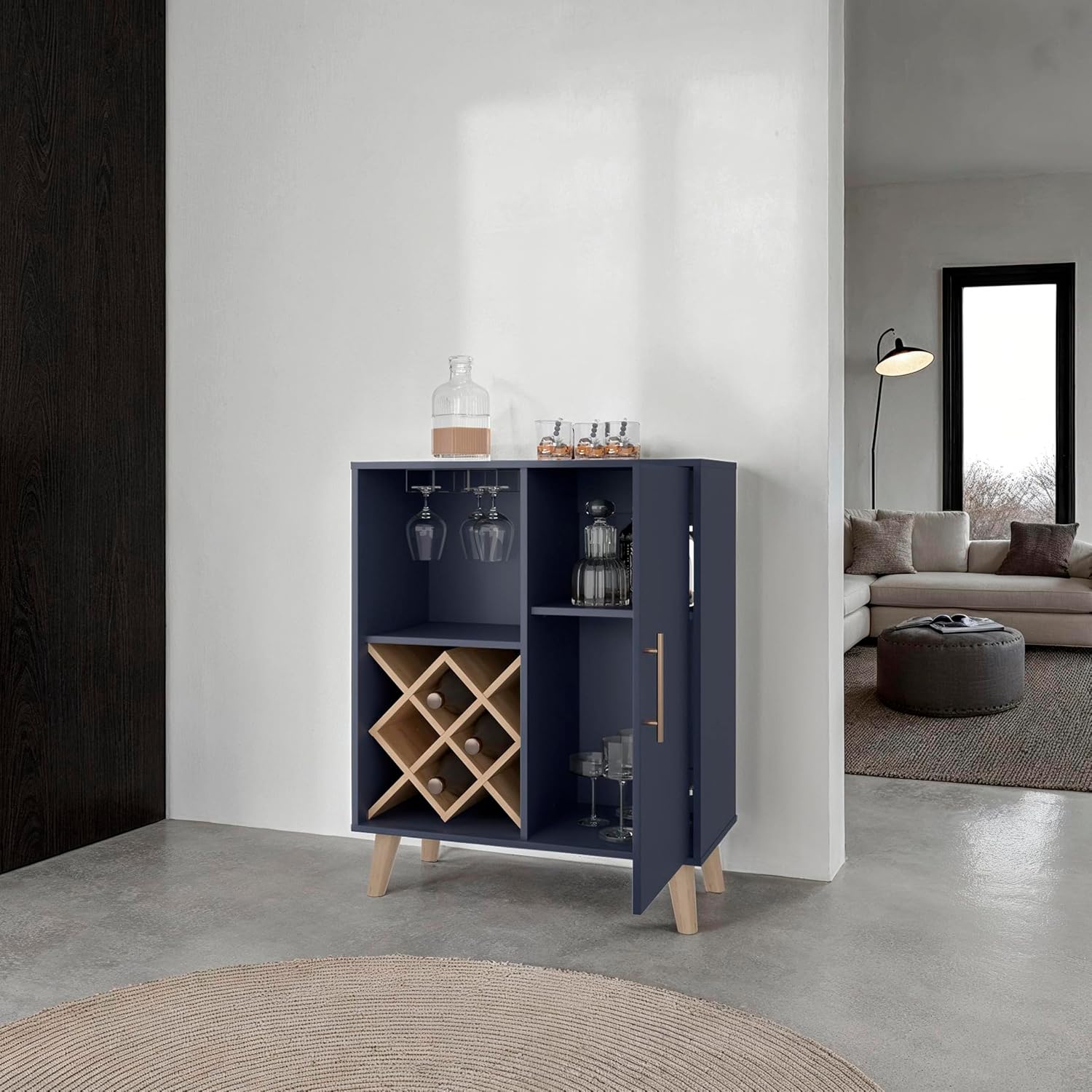 オークブルーバーキャビネット 4段棚 ドア付き引き出し ワイ - Home Bar Shelves のレビューと価格